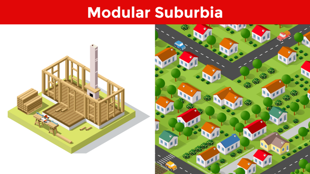 a birds-eye view of modular suburbia and its many homes