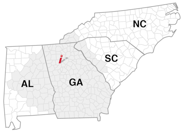 Satellite Shelters Georgia service area map.
