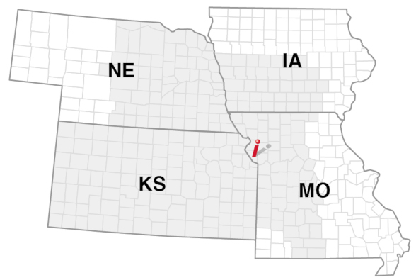 Satellite Shelters Kansas City Service area map.