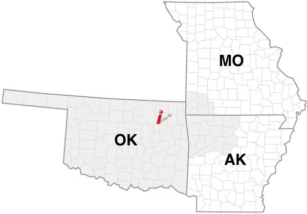 Satellite Shelters Tulsa Oklahoma service area map.