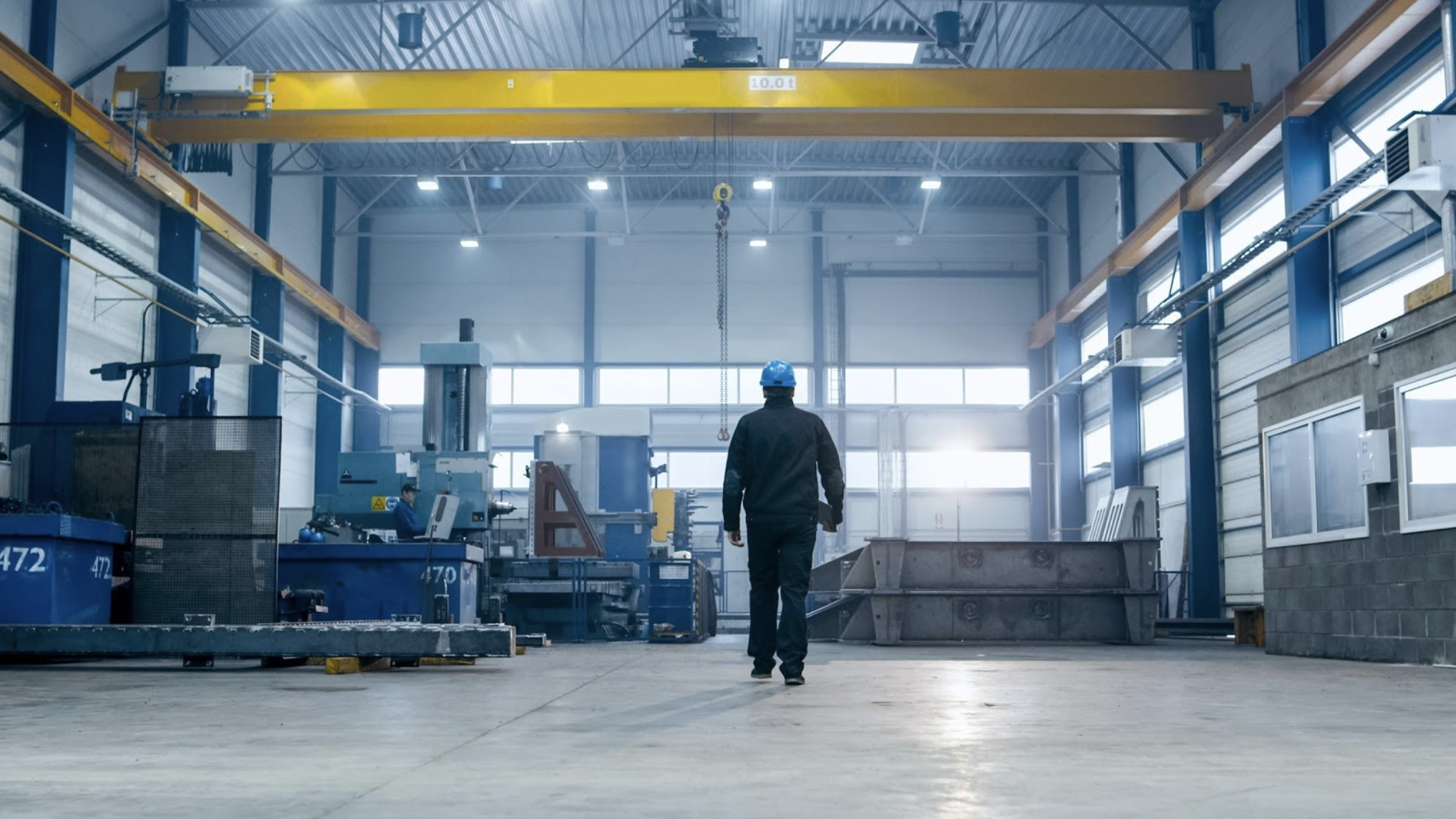 a man in a hardhat walks through an industrial production warehouse