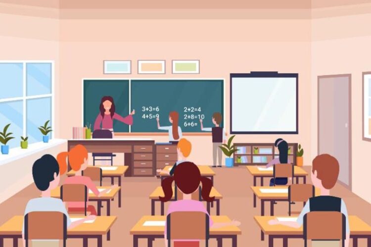 an illustration of a teacher in a classroom full of students