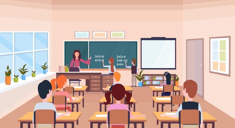 an illustration of a teacher in a classroom full of students