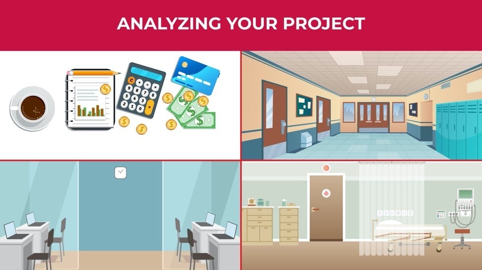 A composite image of four illustrations, including a school hallway, an office, a hospital room, and financial planning materials.