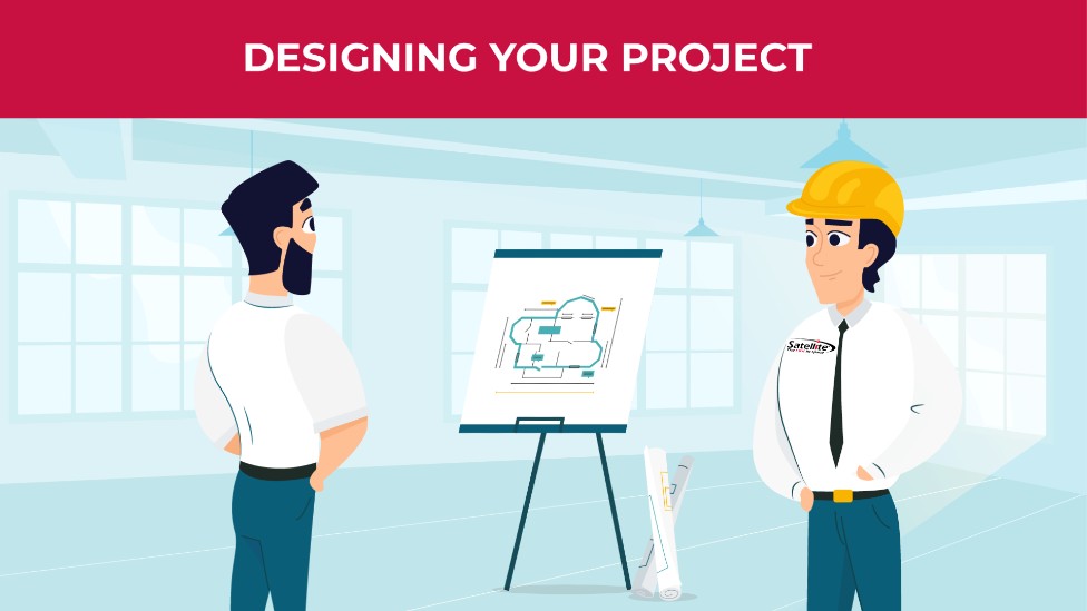 An illustration of a client and Satellite Shelters expert looking at a modular building design.