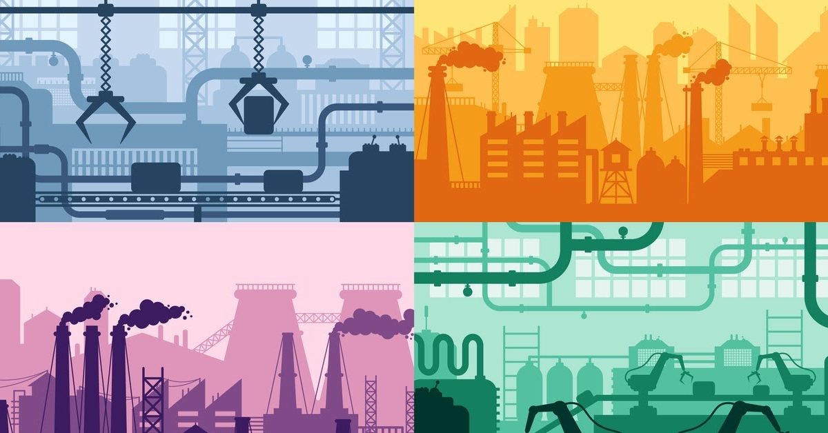 An illustration consisting of four squares, each showing a type of industrial plant or refinery.