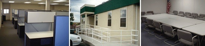 A composite image showing three Satellite Shelters specialty products: cubicles, ramps, and meeting room furniture.