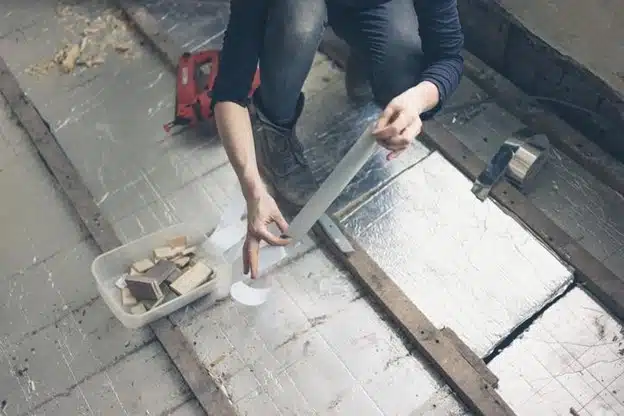Woman using heat tape to insulate the floor.