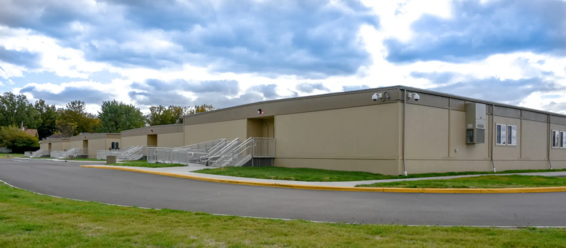 A collection of portable classrooms at a school