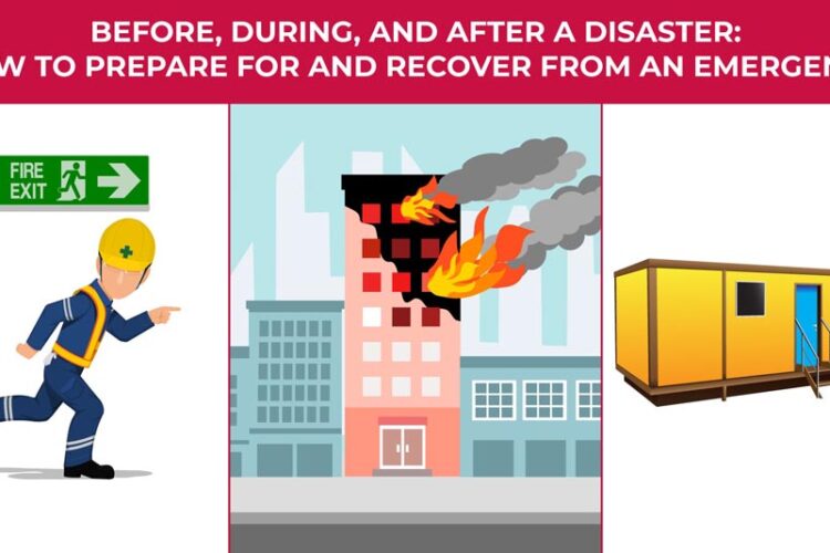 an illustration of a man running for an exit, a building on fire, and a modular building