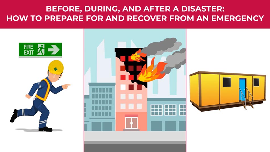 an illustration of a man running for an exit, a building on fire, and a modular building