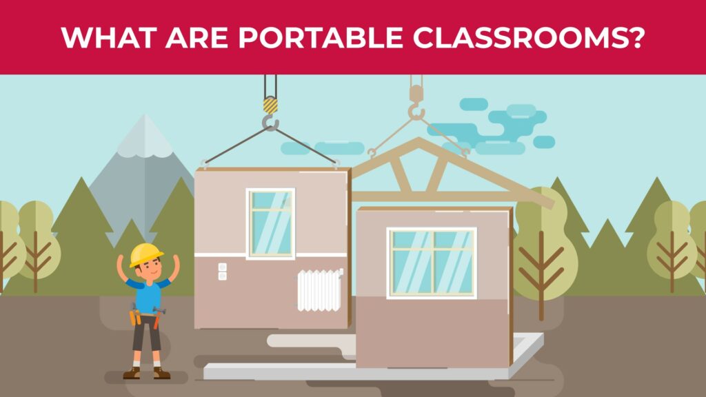 an illustration of a construction worker helping guide the setup of portable classrooms