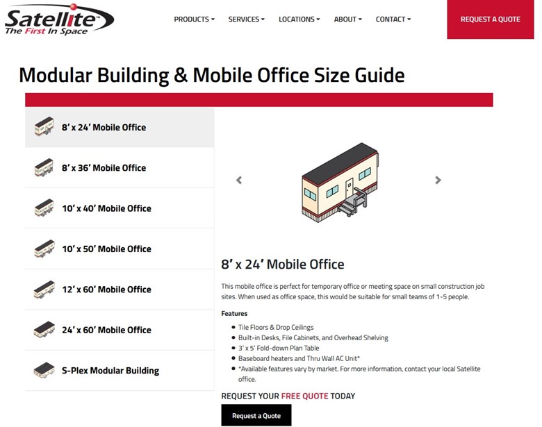 a screen shot of Satellite's digital size guide for modular buildings and mobile offices