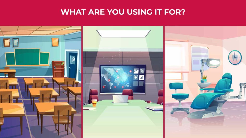 an illustration of the uses for a modular building, including a classroom, a conference room, and a medical office