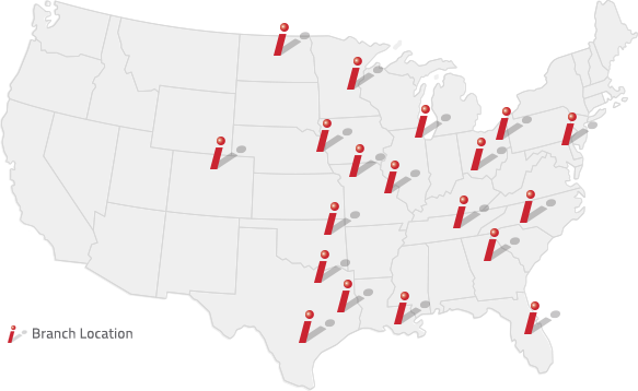 United States map showing 19 branch locations