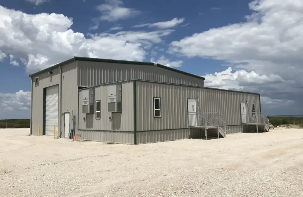 exterior of gray steel sided modular building