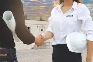 Woman satellite architect shaking hands 2