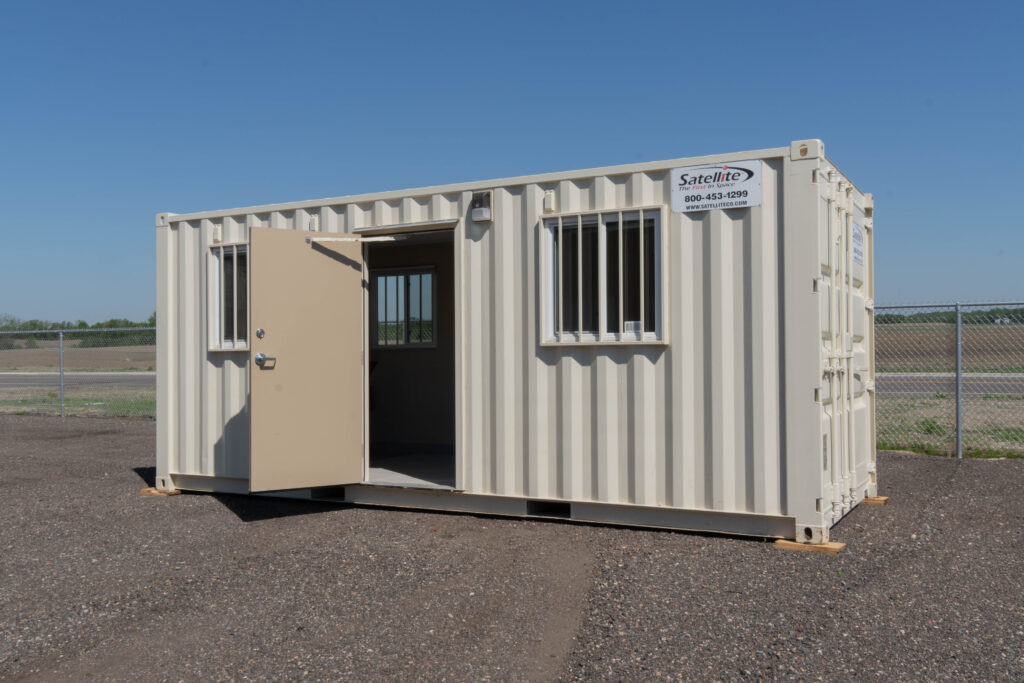 Side view of a ground-level office outside.