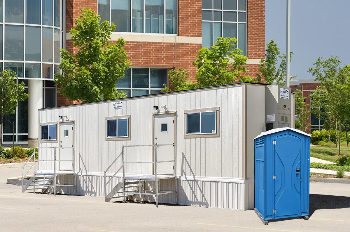 Mobile office in front of building