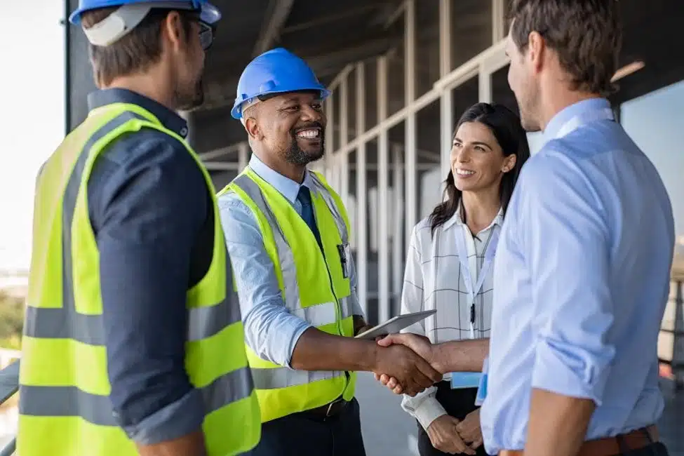 Men shaking hands on a buildsite. Hardhat and reflective vest.