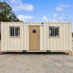 Exterior front view of a ground level office container
