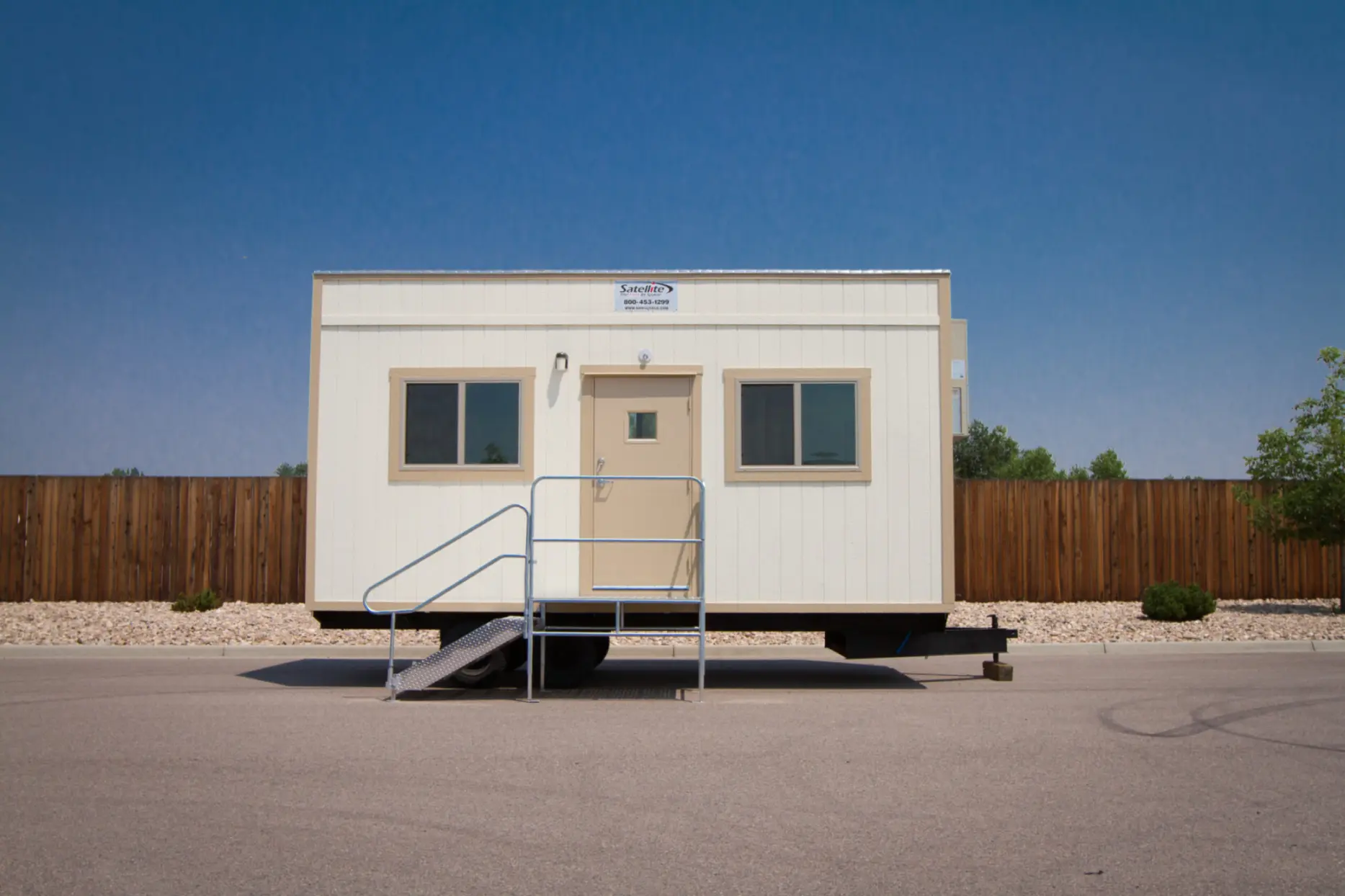 Front-facing view of a mobile office trailer.