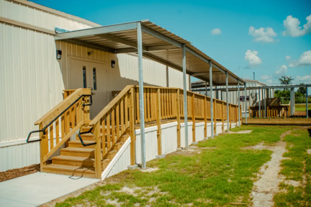 Custom deck and stairs exterior portable classroom