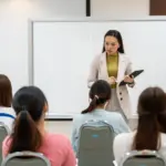 A teacher stands before a whiteboard as she teaches her class.