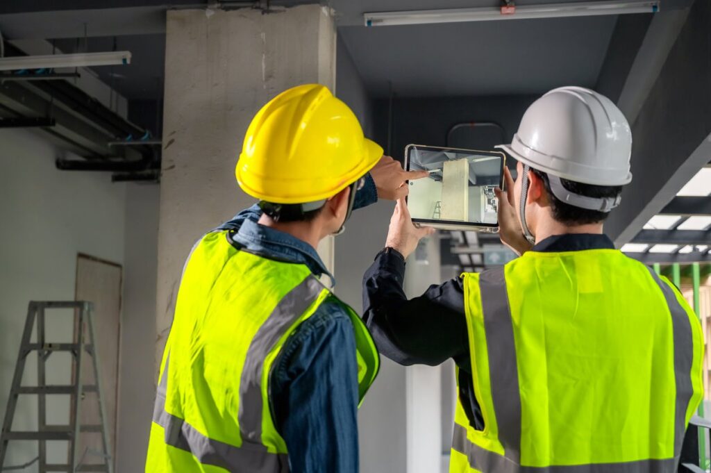 Two construction workers in safety vests and helmets use a tablet to inspect and discuss building details on-site.