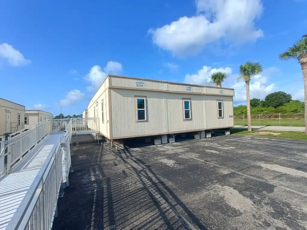 Entrance to portable office trailer.