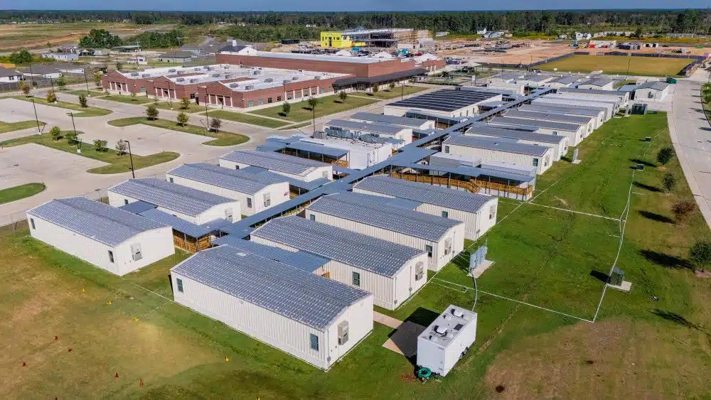 An overhead shot of a school utilizing portable classrooms.