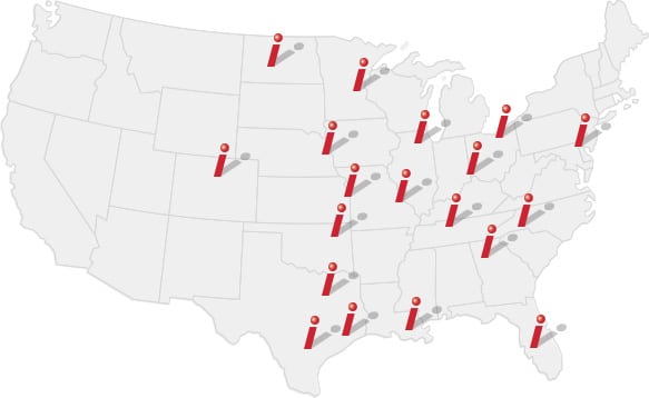 Satellite Shelters map of service areas and markets.