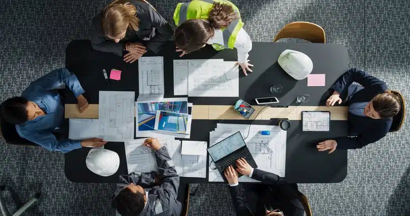 Project team reviewing construction drawings, technical documents, and project plans during a planning meeting.