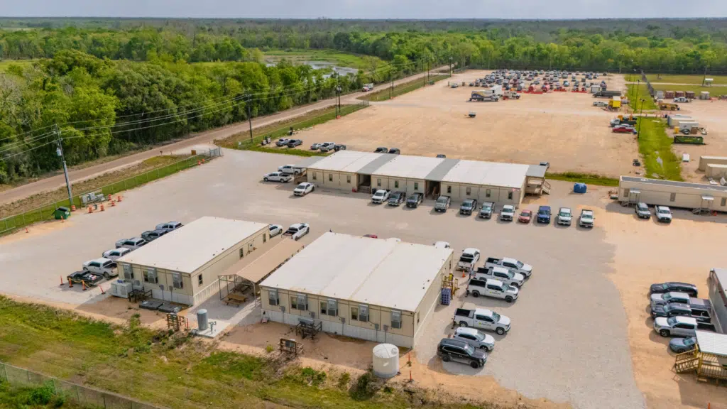 Aerial view of Phillips Heavy Civil’s modular office complexes at a construction jobsite in Angleton, Texas