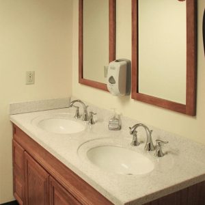 double sink and mirror bathroom vanity with wood cabinets