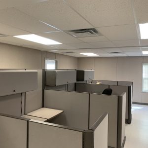 Interior of modular office spaces and work cubicles in the S-Plex Modular Swing Space Project.